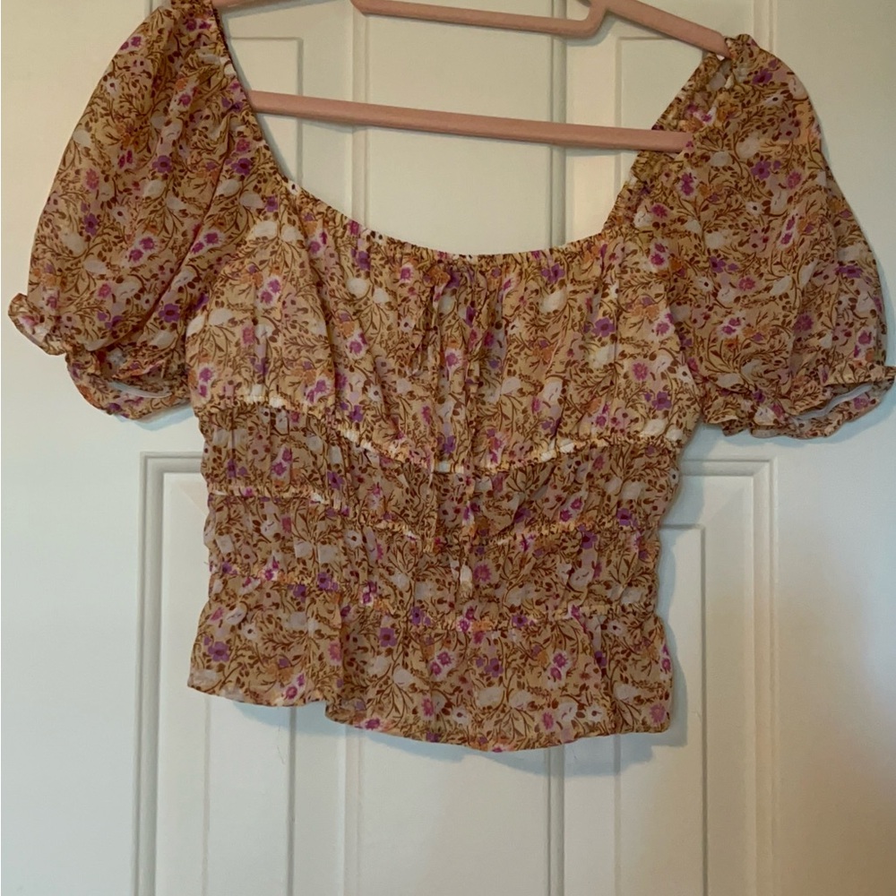Miami Floral Puff Sleeve Blouse in Purple and Tan